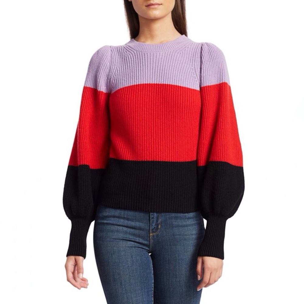 A.L.C. Sammy Colorblock Puff-Sleeve Sweater in Purple Red Black Size Medium